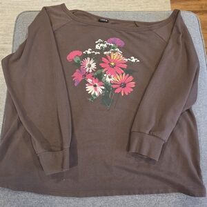 Torrid Brown Off-the-Shoulder Sweater with Floral Design